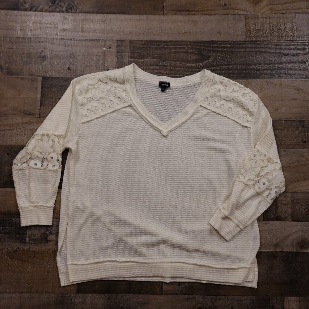 torrid Cream V-Neck Sweater with Lace Shoulder and Sleeve Panels